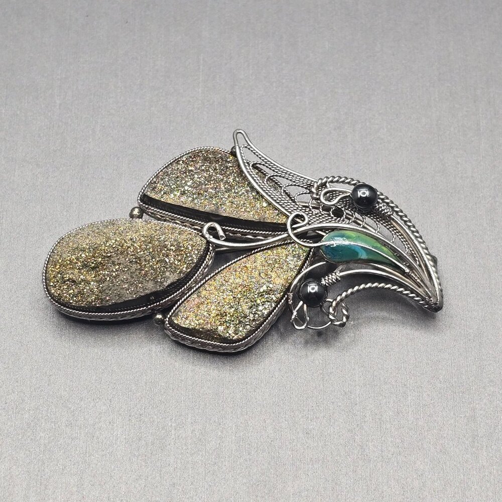 VTG Goldstone Leaf Brooch Pendant 2.25" Silver Tone Green Glass Hematite Accents - Picture 2 of 11